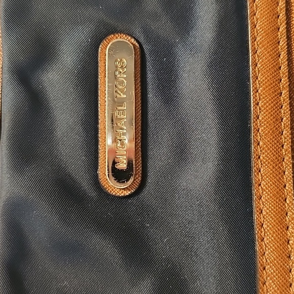 Michael Kors Kempton Blue Nylon Tote Bag with Brown Leather Trim and Gold Trim - Picture 2 of 13